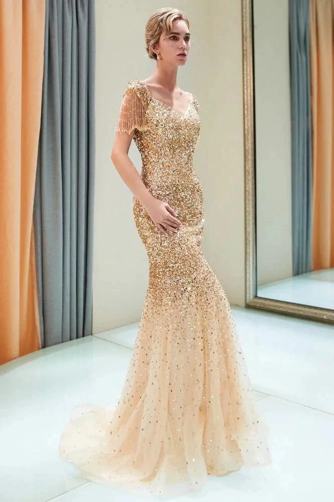 Luxury Off-the-shoulder V-neck Floor Length Sequins Evening Dress - Image 2