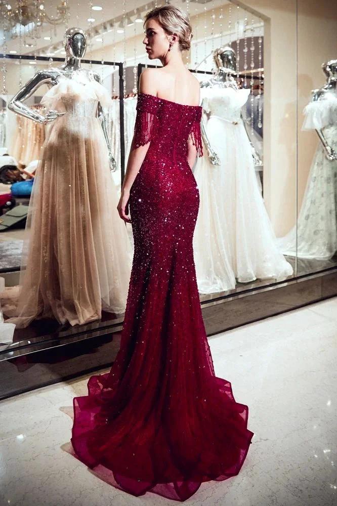 Luxury Off-the-shoulder V-neck Floor Length Sequins Evening Dress - Image 3