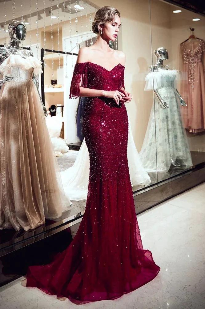 Luxury Off-the-shoulder V-neck Floor Length Sequins Evening Dress - Image 5