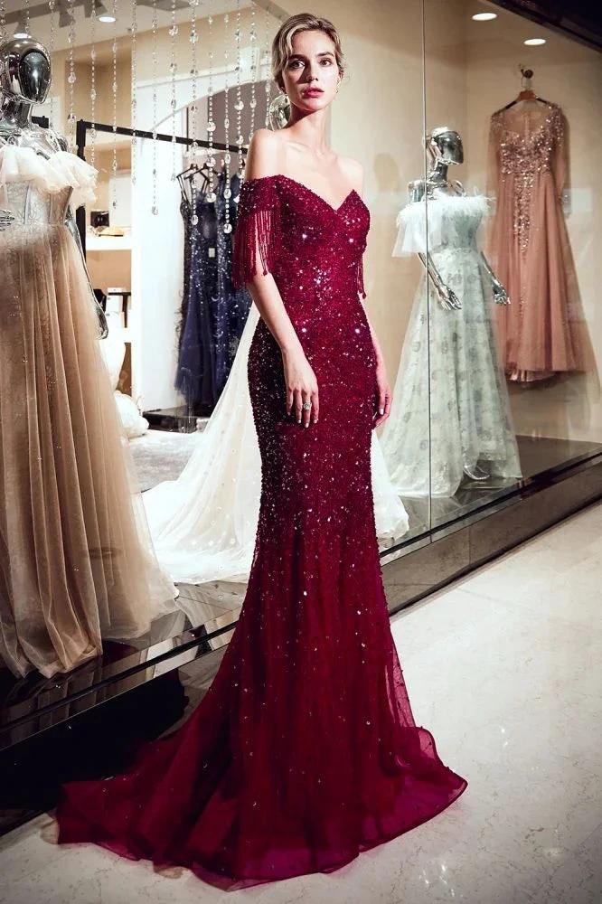 Luxury Off-the-shoulder V-neck Floor Length Sequins Evening Dress - Image 6