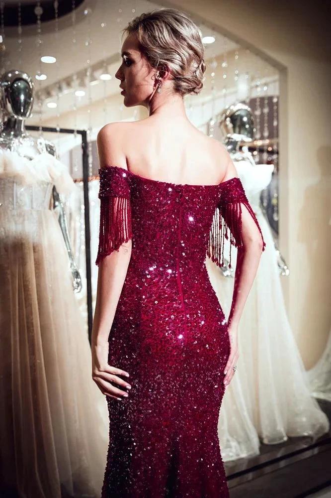 Luxury Off-the-shoulder V-neck Floor Length Sequins Evening Dress - Image 7