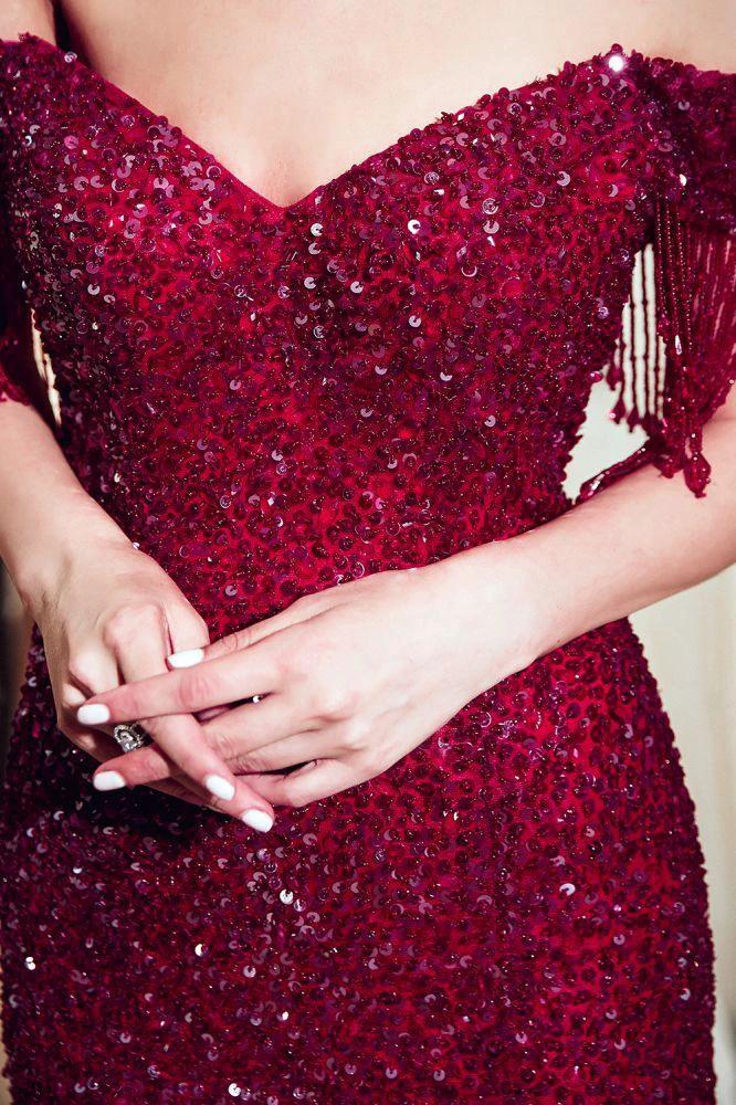 Luxury Off-the-shoulder V-neck Floor Length Sequins Evening Dress - Image 8
