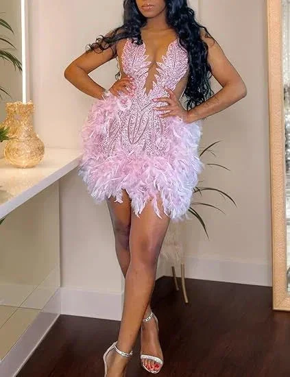 Luxury Pink Feather Homecoming Dress Birthday Dress Wedding Party Dress Y2639 - Image 3
