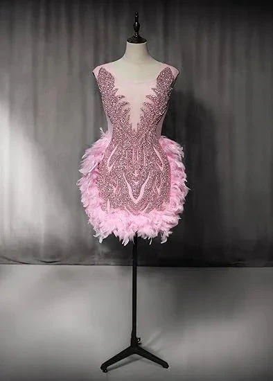 Luxury Pink Feather Homecoming Dress Birthday Dress Wedding Party Dress Y2639 - Image 6