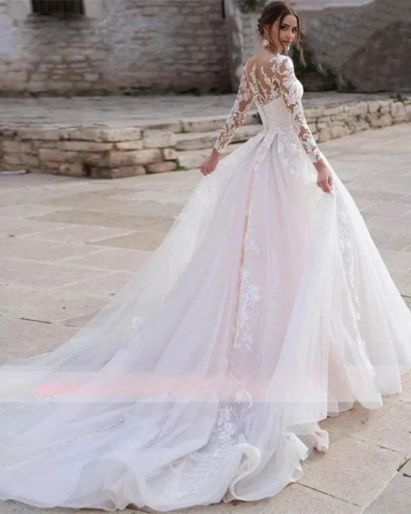 Luxury Pink Long Sleeves Wedding Dress Ball Gown Lace Appliques O-Neck Button Royal Train Bride Gowns Vestido De Novia Princess - Image 2