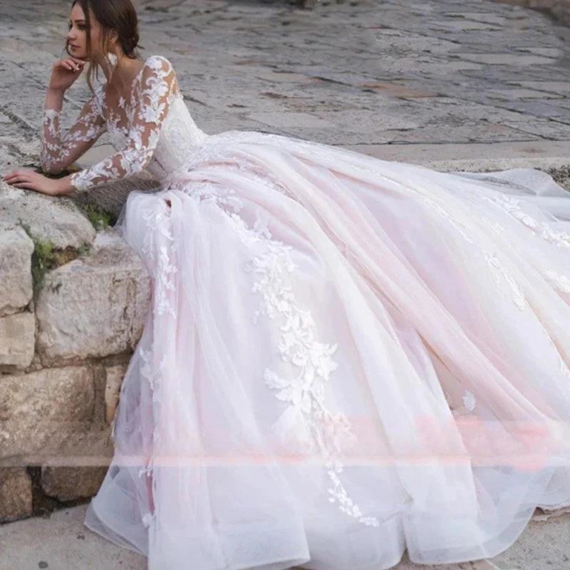 Luxury Pink Long Sleeves Wedding Dress Ball Gown Lace Appliques O-Neck Button Royal Train Bride Gowns Vestido De Novia Princess - Image 3
