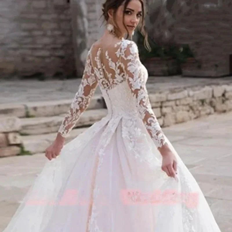 Luxury Pink Long Sleeves Wedding Dress Ball Gown Lace Appliques O-Neck Button Royal Train Bride Gowns Vestido De Novia Princess - Image 4
