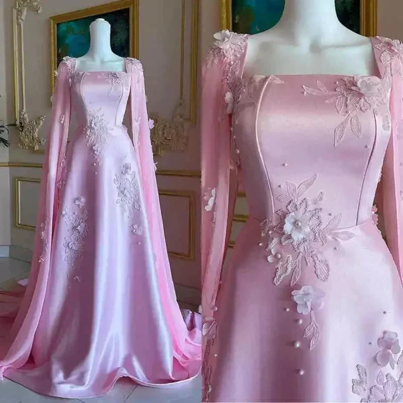 Luxury Pink Satin Long A Line Evening Dress Pretty Appliques Prom Dress Y7591 - Image 2