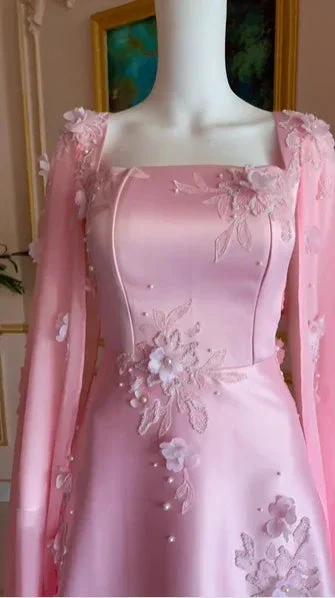 Luxury Pink Satin Long A Line Evening Dress Pretty Appliques Prom Dress Y7591 - Image 3