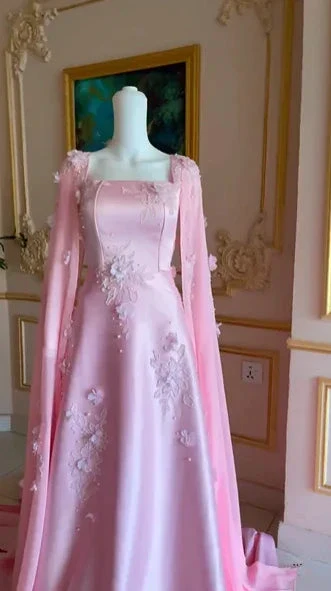 Luxury Pink Satin Long A Line Evening Dress Pretty Appliques Prom Dress Y7591 - Image 4