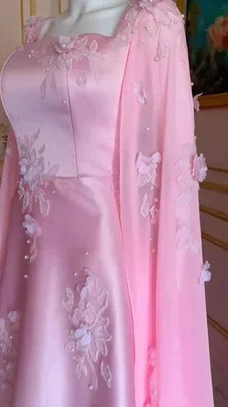 Luxury Pink Satin Long A Line Evening Dress Pretty Appliques Prom Dress Y7591 - Image 5
