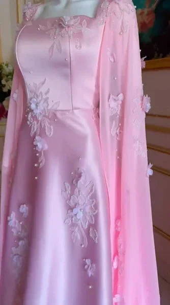 Luxury Pink Satin Long A Line Evening Dress Pretty Appliques Prom Dress Y7591 - Image 6