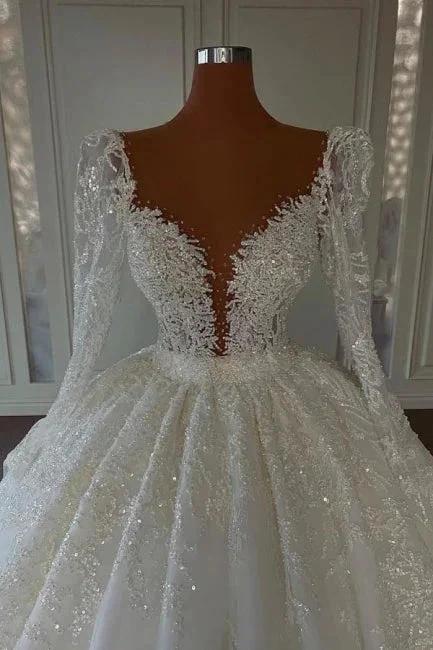 Luxury Princess A-line V-neck Lace Wedding Dresses With Long Sleeves - Image 2