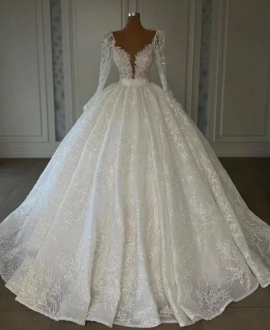 Luxury Princess A-line V-neck Lace Wedding Dresses With Long Sleeves - Image 3