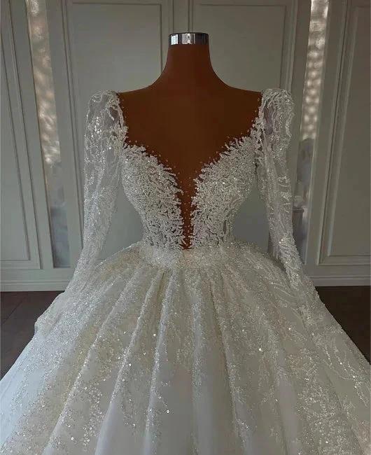 Luxury Princess A-line V-neck Lace Wedding Dresses With Long Sleeves - Image 4