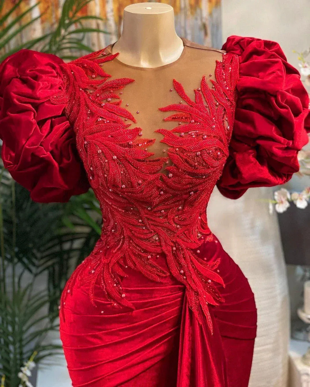 Luxury Red Mermaid Prom Dresses Lace Beaded Sheer Neck Evening Dress Formal Party Wear Y02 - Image 2