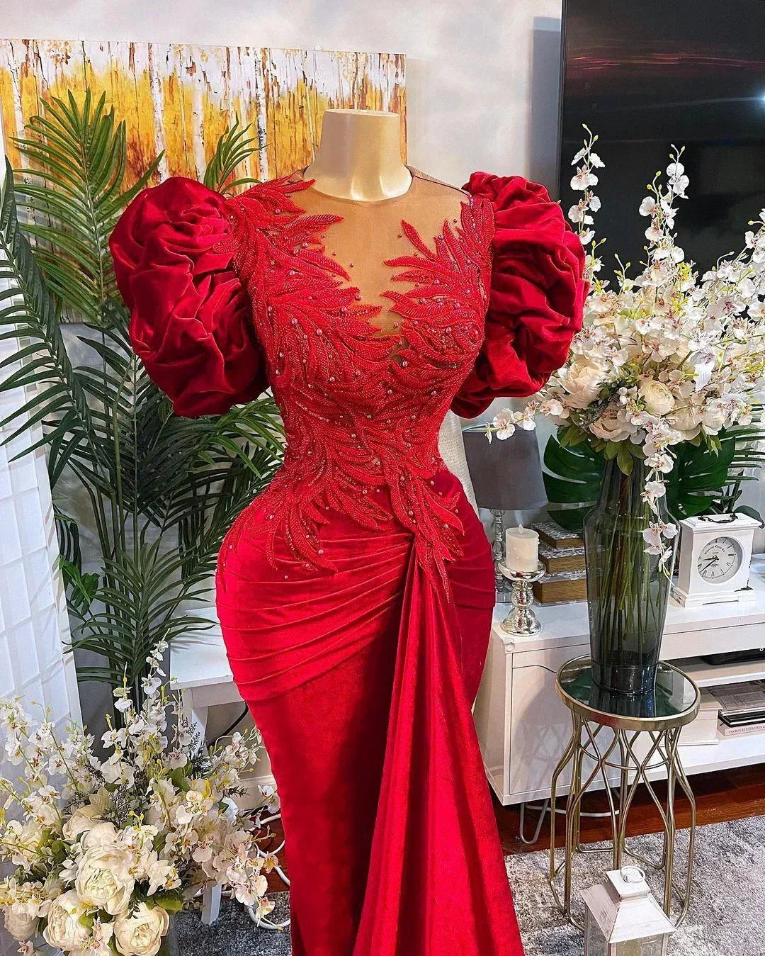 Luxury Red Mermaid Prom Dresses Lace Beaded Sheer Neck Evening Dress Formal Party Wear Y02 - Image 3