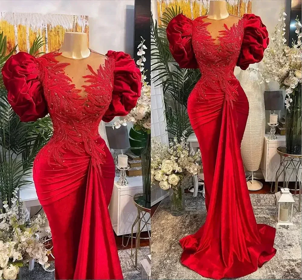 Luxury Red Mermaid Prom Dresses Lace Beaded Sheer Neck Evening Dress Formal Party Wear Y02 - Image 4