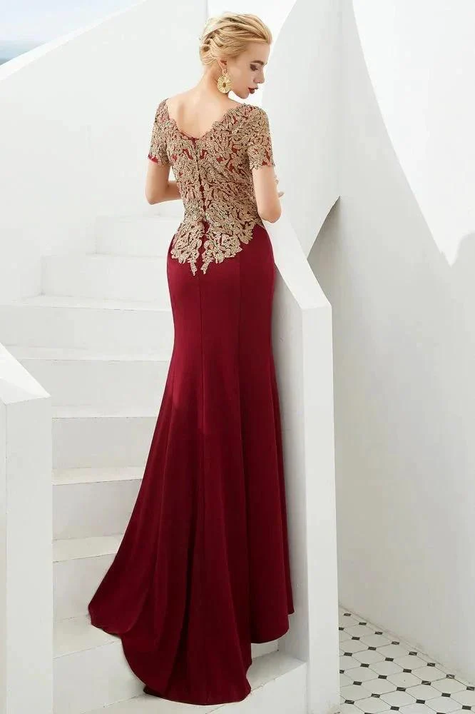 Luxury Short Sleeves Gold Appliques Slim Mermaid Evening Party Dress Floor Length Formal Dress - Image 2