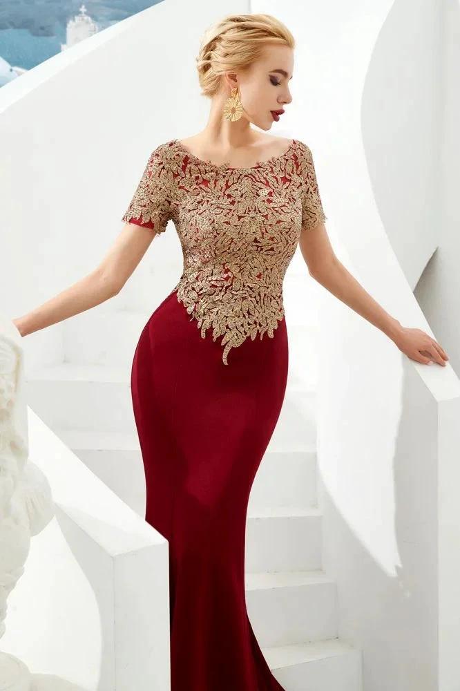 Luxury Short Sleeves Gold Appliques Slim Mermaid Evening Party Dress Floor Length Formal Dress - Image 3