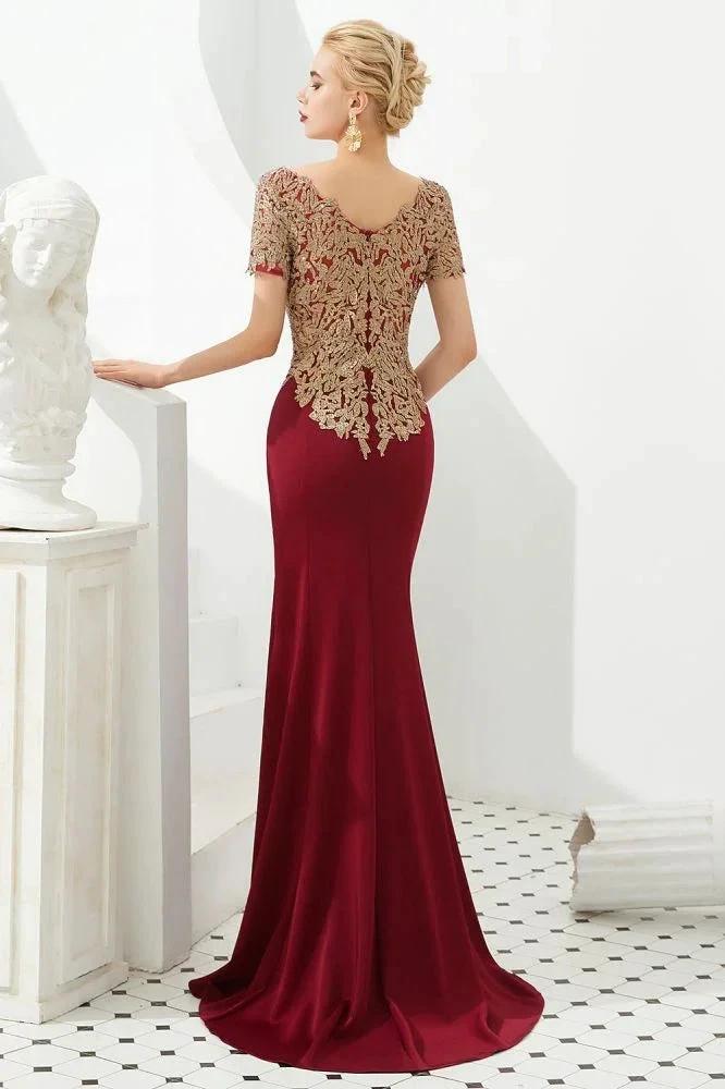 Luxury Short Sleeves Gold Appliques Slim Mermaid Evening Party Dress Floor Length Formal Dress - Image 4