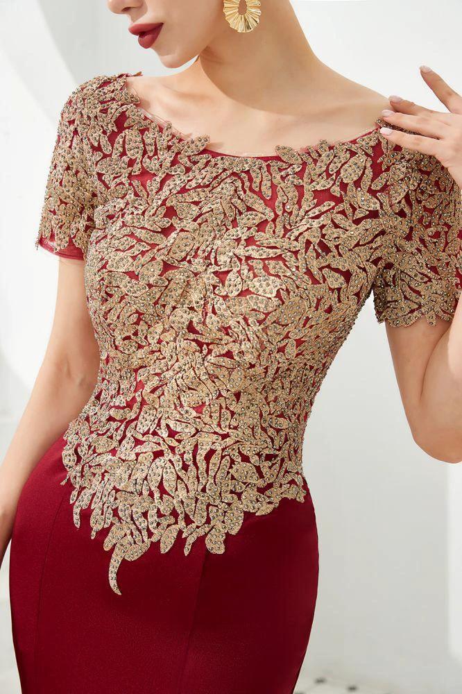 Luxury Short Sleeves Gold Appliques Slim Mermaid Evening Party Dress Floor Length Formal Dress - Image 6