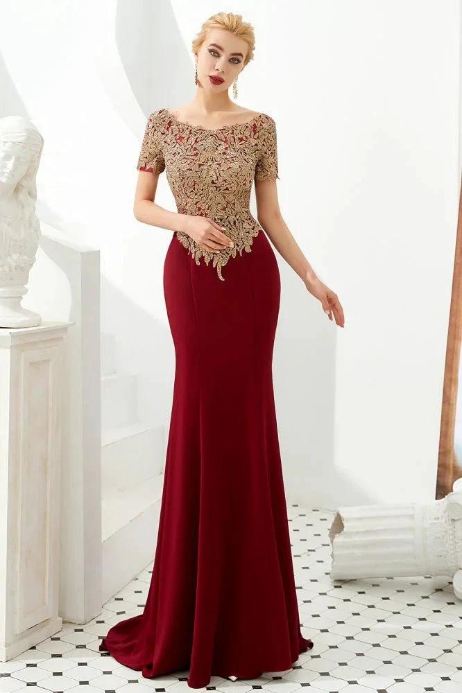 Luxury Short Sleeves Gold Appliques Slim Mermaid Evening Party Dress Floor Length Formal Dress - Image 7