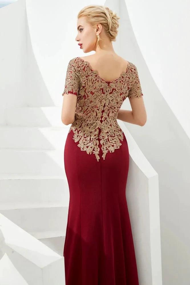 Luxury Short Sleeves Gold Appliques Slim Mermaid Evening Party Dress Floor Length Formal Dress - Image 8