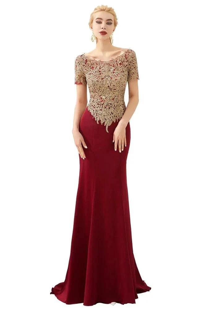 Luxury Short Sleeves Gold Appliques Slim Mermaid Evening Party Dress Floor Length Formal Dress - Image 9