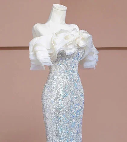 Luxury Silver Mermaid Sequins Beading Prom Dress Formal Evening Dress Y7614 - Image 2