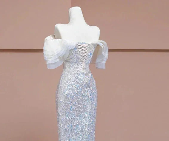 Luxury Silver Mermaid Sequins Beading Prom Dress Formal Evening Dress Y7614 - Image 3