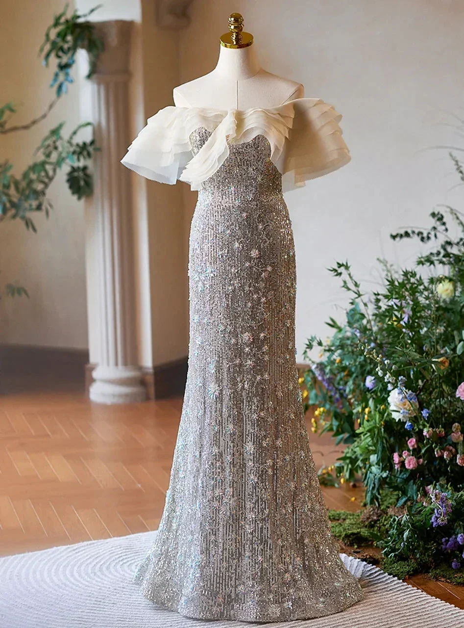 Luxury Silver Mermaid Sequins Beading Prom Dress Formal Evening Dress Y7614 - Image 4