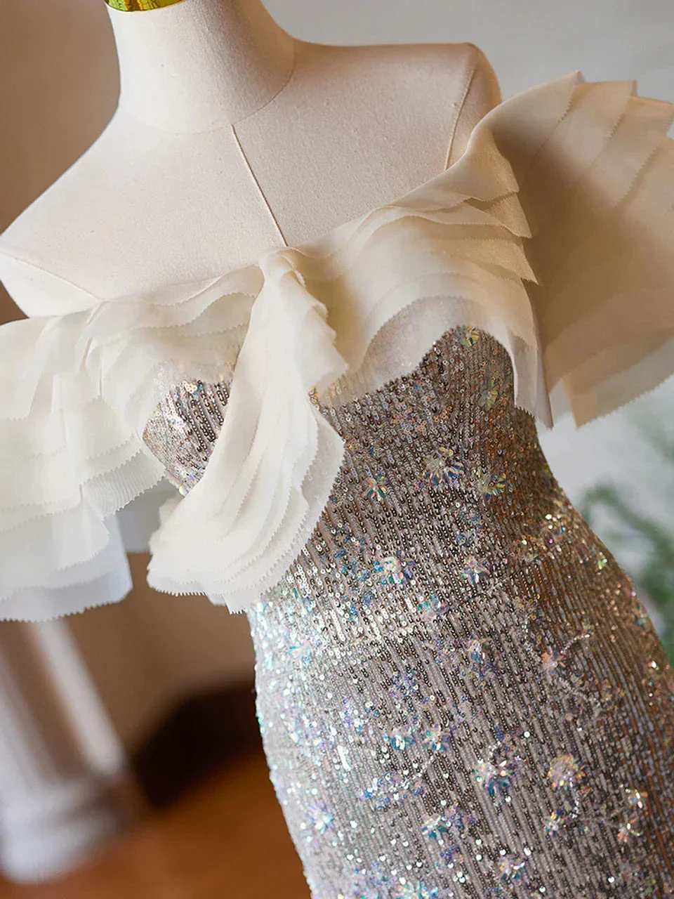 Luxury Silver Mermaid Sequins Beading Prom Dress Formal Evening Dress Y7614 - Image 5
