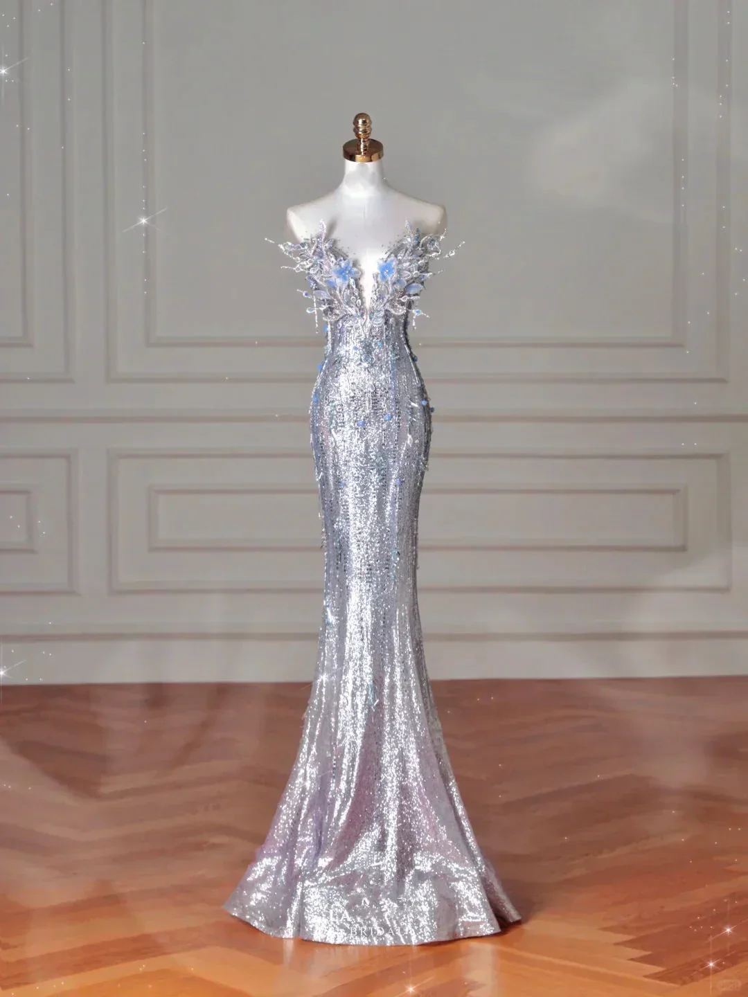Luxury Silver Sequin 3D Beaded Mermaid Evening Dress Long Prom Dress With Bow Y8640 - Image 3