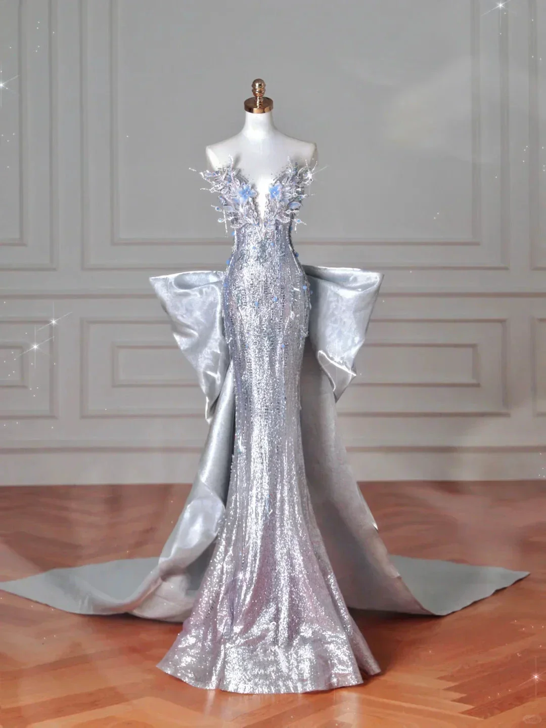 Luxury Silver Sequin 3D Beaded Mermaid Evening Dress Long Prom Dress With Bow Y8640 - Image 5