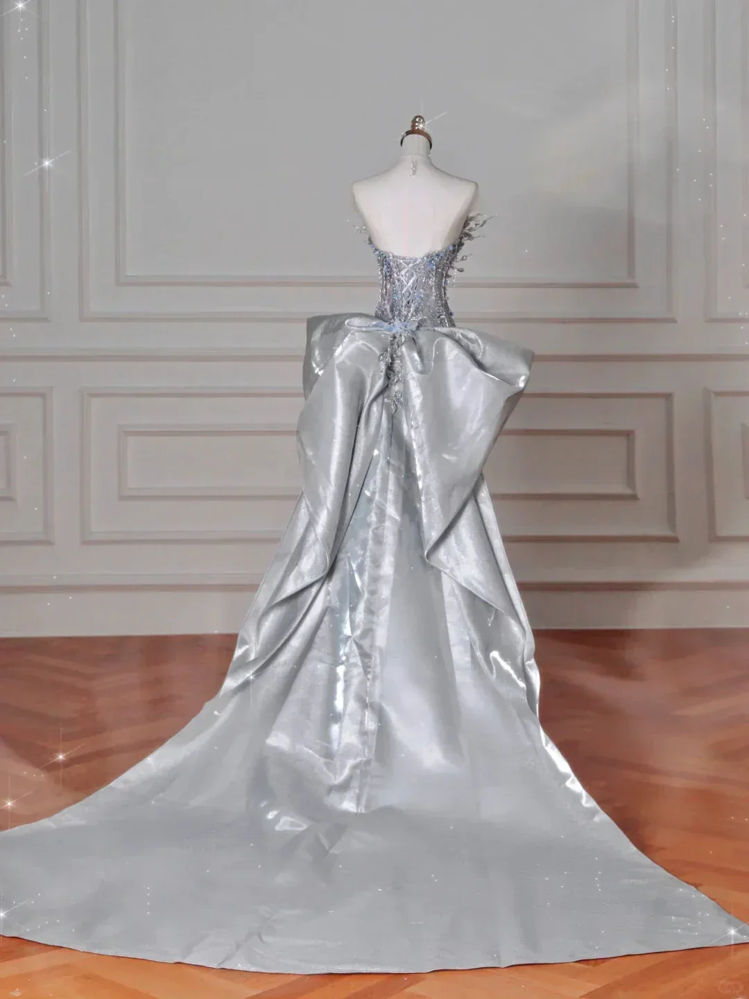 Luxury Silver Sequin 3D Beaded Mermaid Evening Dress Long Prom Dress With Bow Y8640 - Image 6