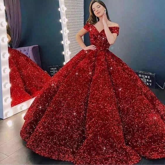 Luxury Sparkling Red Ball Gowns Quinceanera Dresses Off The Shoulder Sequin Pageant Gown Long Princess Sweet 16 Dress Y1210 - Image 2