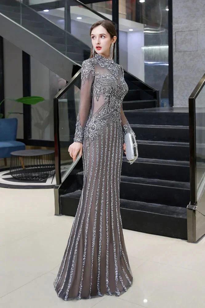 Luxury Sparkly beading High Neck Sheer Tulle Long Prom Dress - Image 2