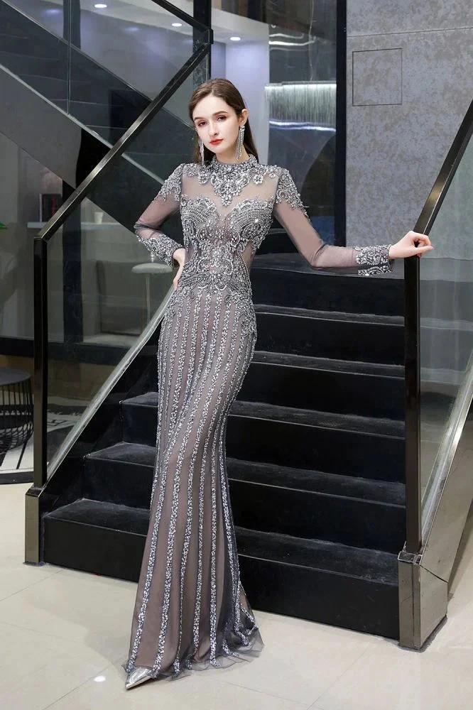 Luxury Sparkly beading High Neck Sheer Tulle Long Prom Dress - Image 3