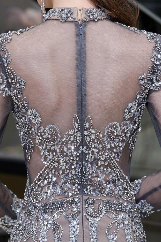 Luxury Sparkly beading High Neck Sheer Tulle Long Prom Dress - Image 6