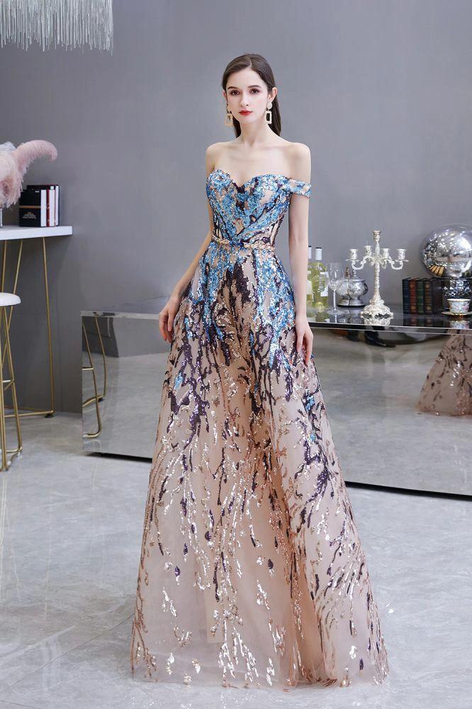 Luxury Sparkly Off-the-Shoulder Sequins Aline Prom Dress Floor Length - Image 3