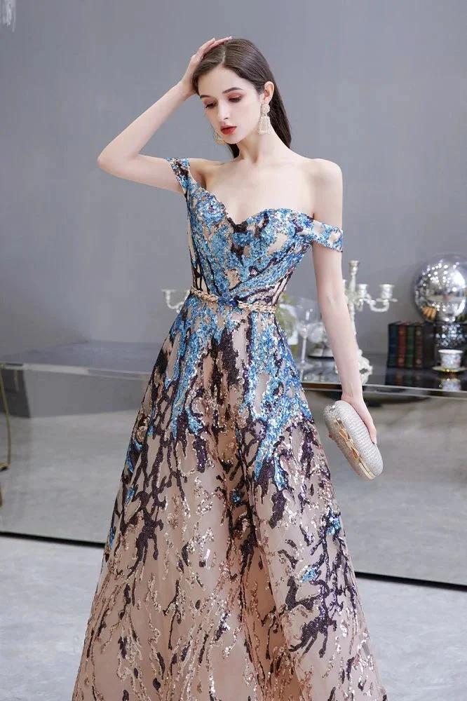 Luxury Sparkly Off-the-Shoulder Sequins Aline Prom Dress Floor Length - Image 4