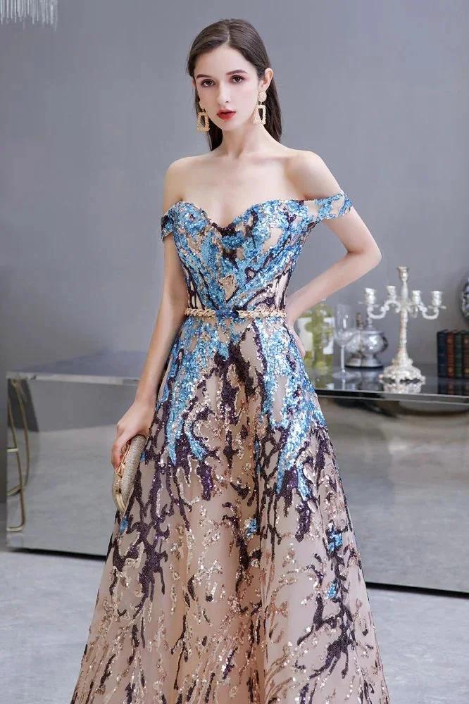 Luxury Sparkly Off-the-Shoulder Sequins Aline Prom Dress Floor Length - Image 5