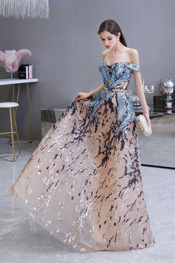Luxury Sparkly Off-the-Shoulder Sequins Aline Prom Dress Floor Length - Image 6