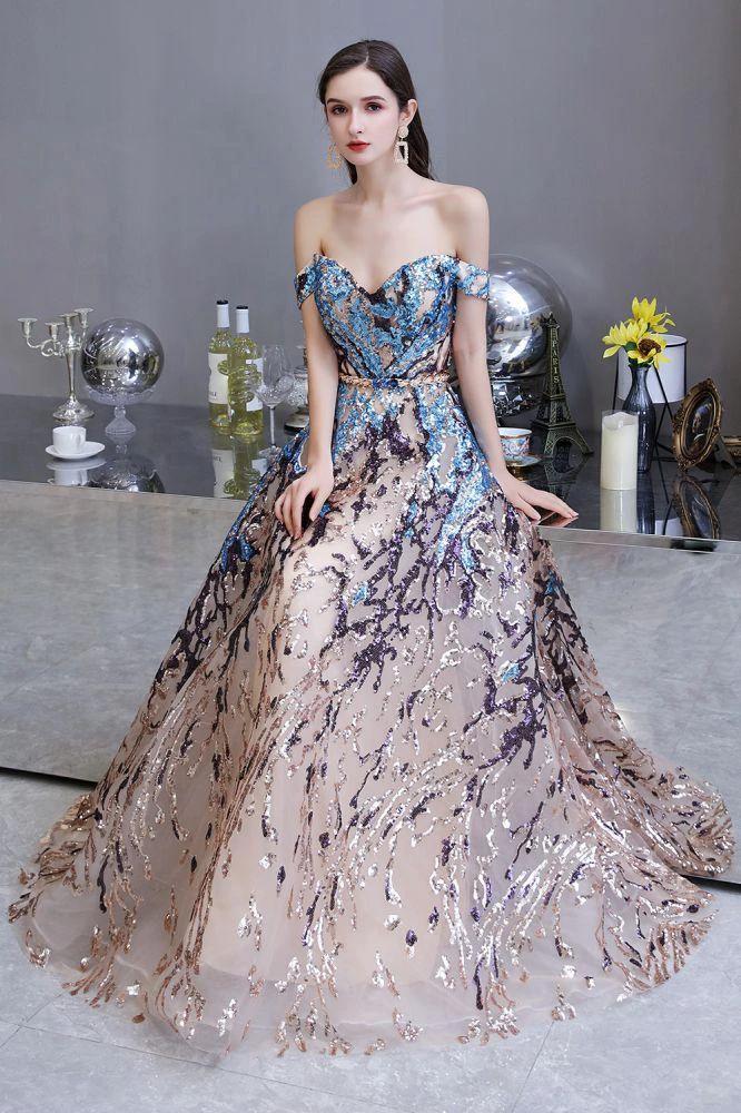 Luxury Sparkly Off-the-Shoulder Sequins Aline Prom Dress Floor Length - Image 7