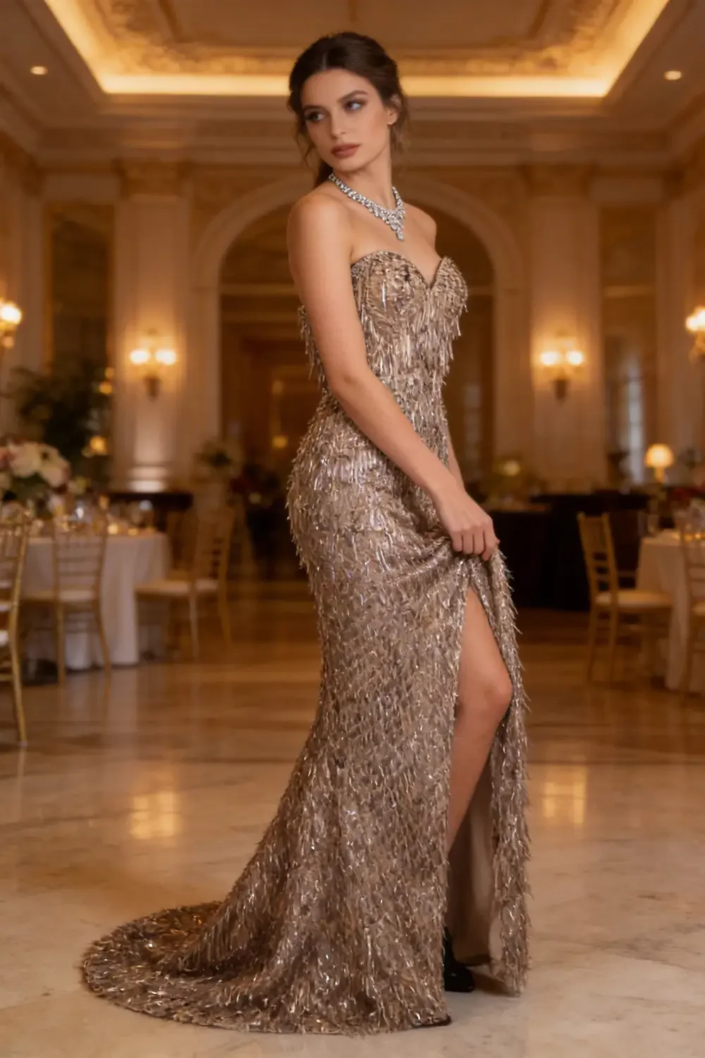 Glamorous Strapless Fringe Sequin Mermaid Gown With Train For Formal Events - Image 4