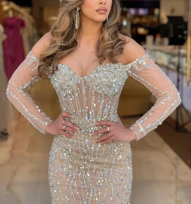 Luxury Sweetheart Long Strapless Beading Tulle Prom Dress Mermaid Evening Gown Y7629 - Image 2