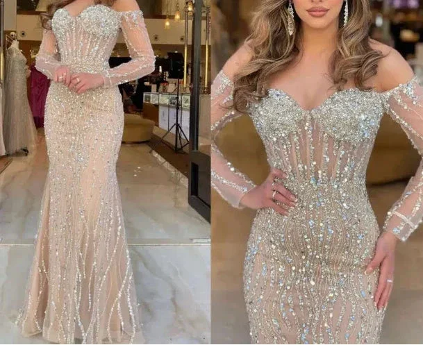Luxury Sweetheart Long Strapless Beading Tulle Prom Dress Mermaid Evening Gown Y7629 - Image 3
