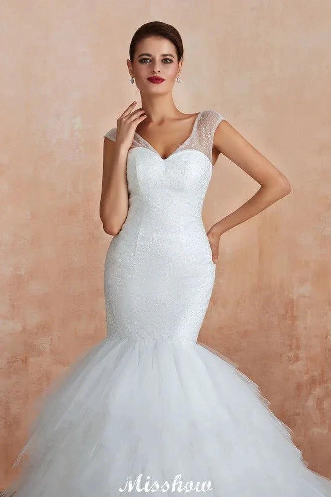 Luxury V-Neck Cap Sleeve Beach Lace up White Bridal Gowns with Sequins - Image 10