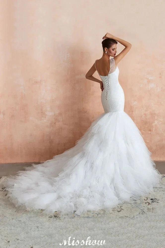 Luxury V-Neck Cap Sleeve Beach Lace up White Bridal Gowns with Sequins - Image 2